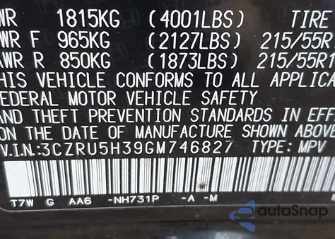 2016 Honda Hr-V Lx from USA, damaged, VIN 3CZRU5H39GM746827